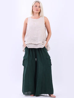 Plain Wide Leg Linen Palazzo Bottle Green