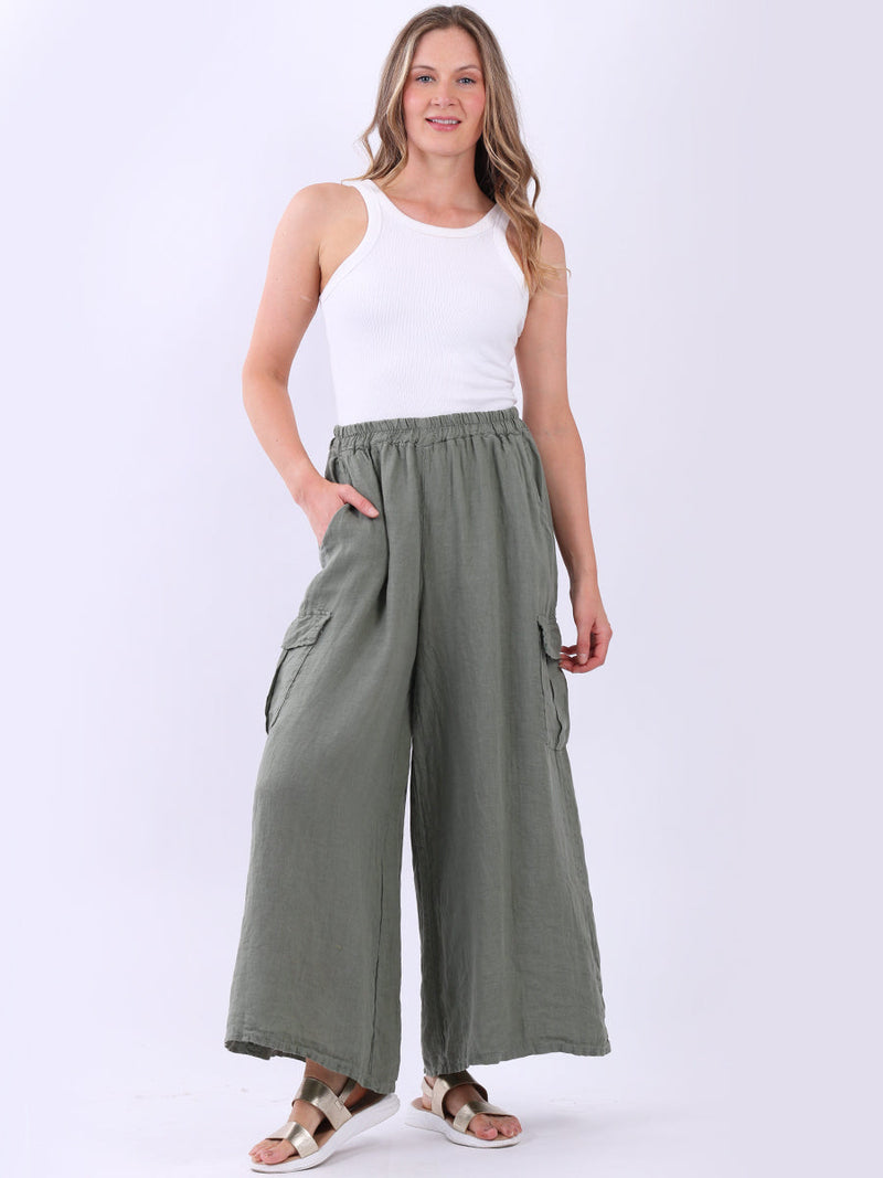 Plain Wide Leg Linen Palazzo Khaki