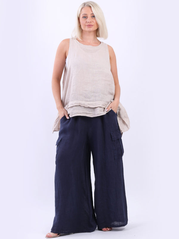 Plain Wide Leg Linen Palazzo Navy