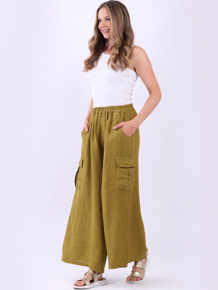 Plain Wide Leg Linen Palazzo Olive