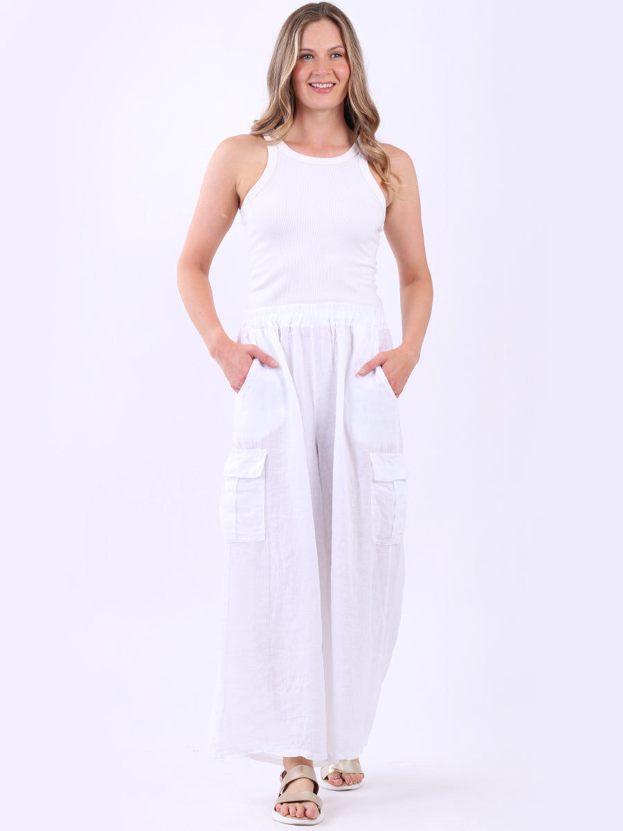 Plain Wide Leg Linen Palazzo White