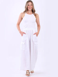 Plain Wide Leg Linen Palazzo White