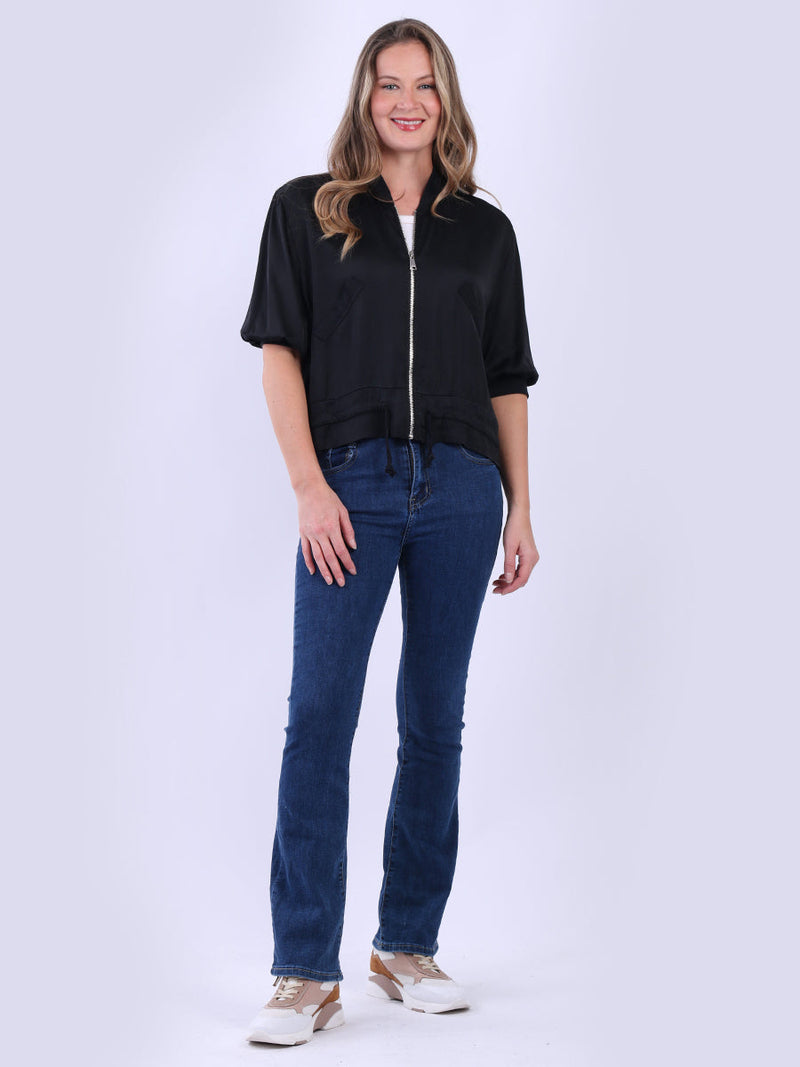 Front Zipper Plain Crop Jacket Black