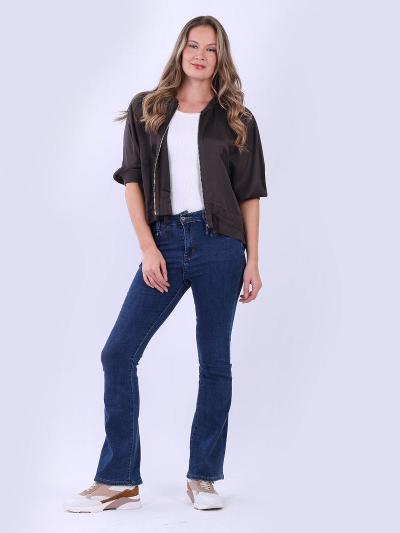 Front Zipper Plain Crop Jacket Chocolate