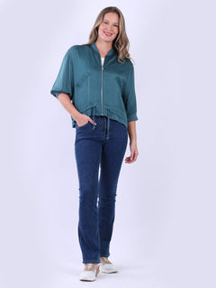 Front Zipper Plain Crop Jacket Teal