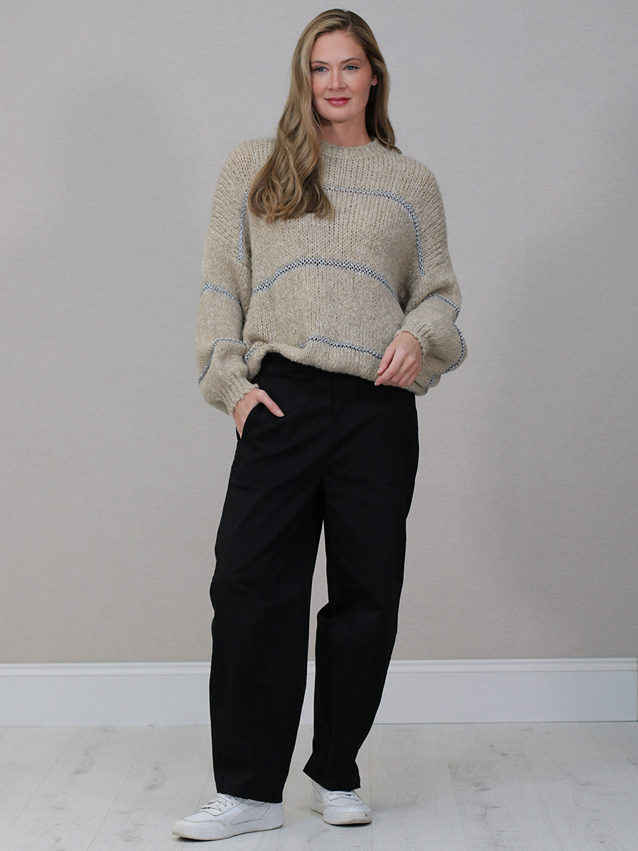 Stripy Batwing Wool Jumper Beige