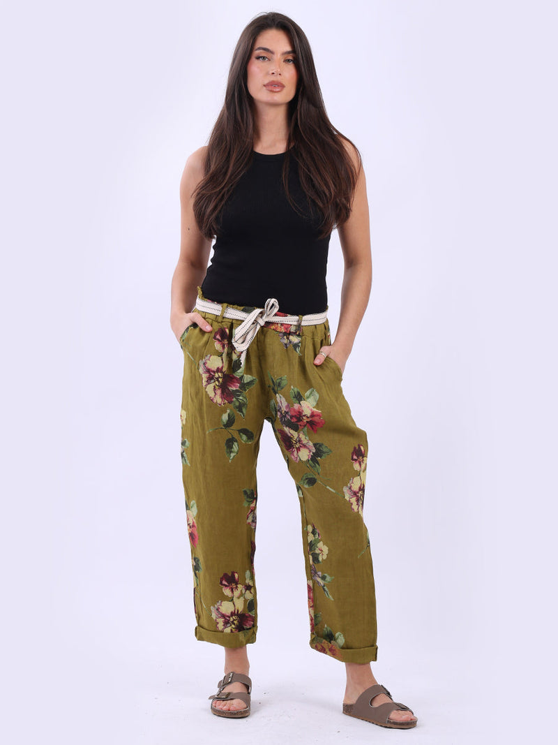 Floral Linen Trouser Olive