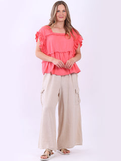 Hop Sack Linen Crop Boxy Top Coral