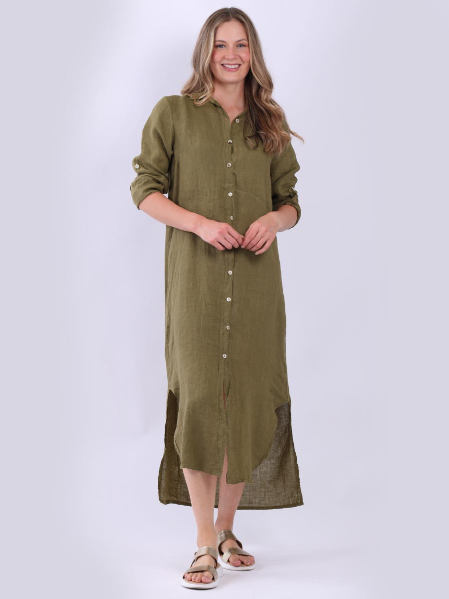 Plain Linen Shirt Dress Olive
