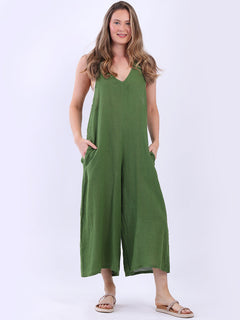 Sleeveless Linen Wide Leg Dungaree Olive
