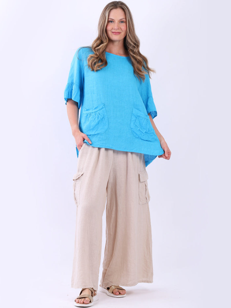 Women Solid Linen Top Azure