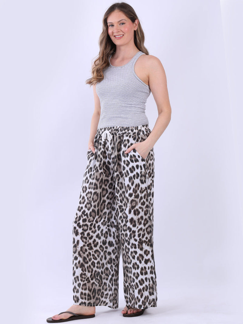 Leopard Print Linen Trouser White