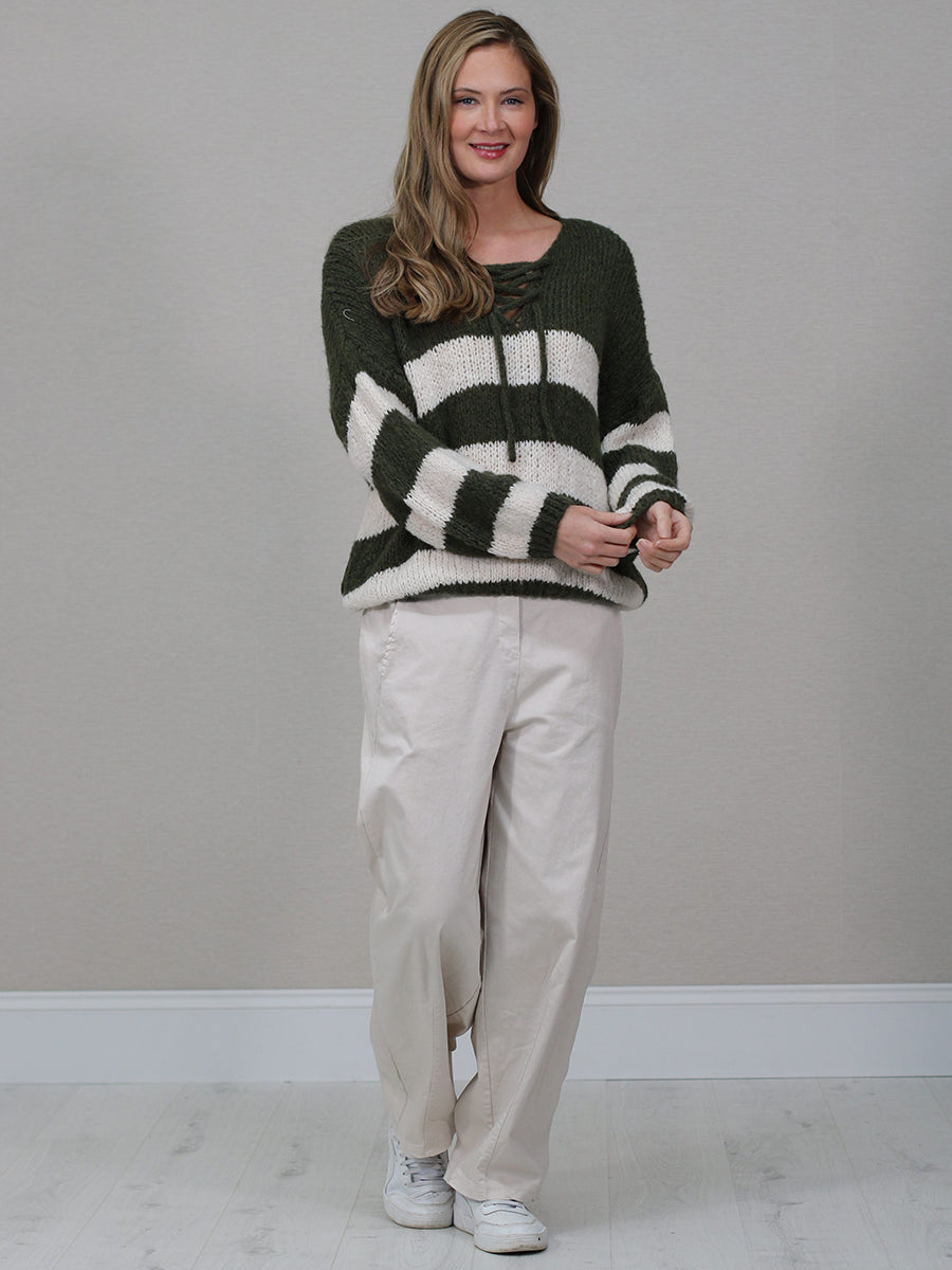 Woolen Knit Stripy Crop Jumper Khaki