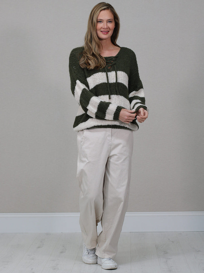 Woolen Knit Stripy Crop Jumper Khaki