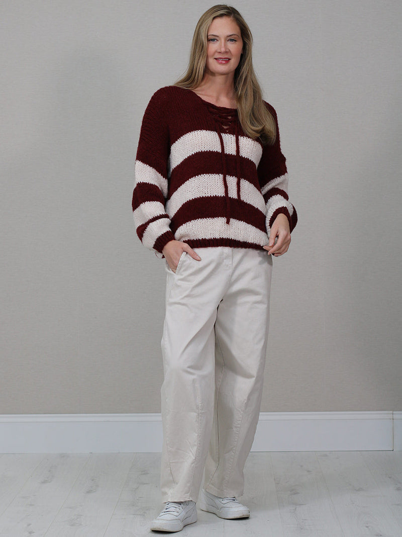 Woolen Knit Stripy Crop Jumper Wine