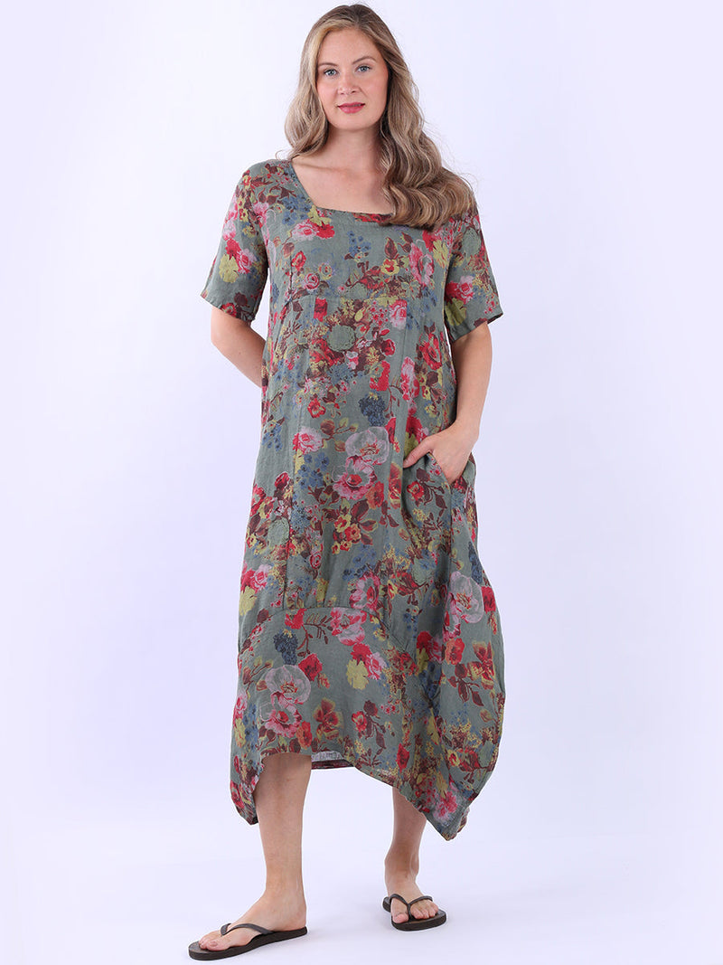 Floral Linen Dress Khaki