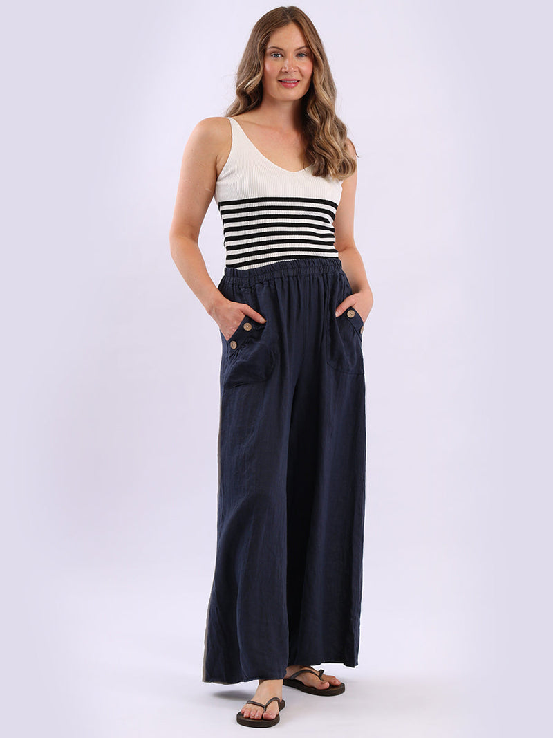 Wide Leg Linen Palazzo Navy