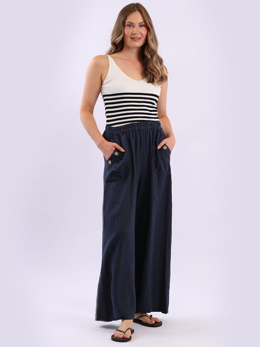 Wide Leg Linen Palazzo Navy
