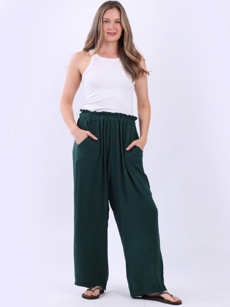 Plain Wide Leg Cotton Trouser Bottle Green