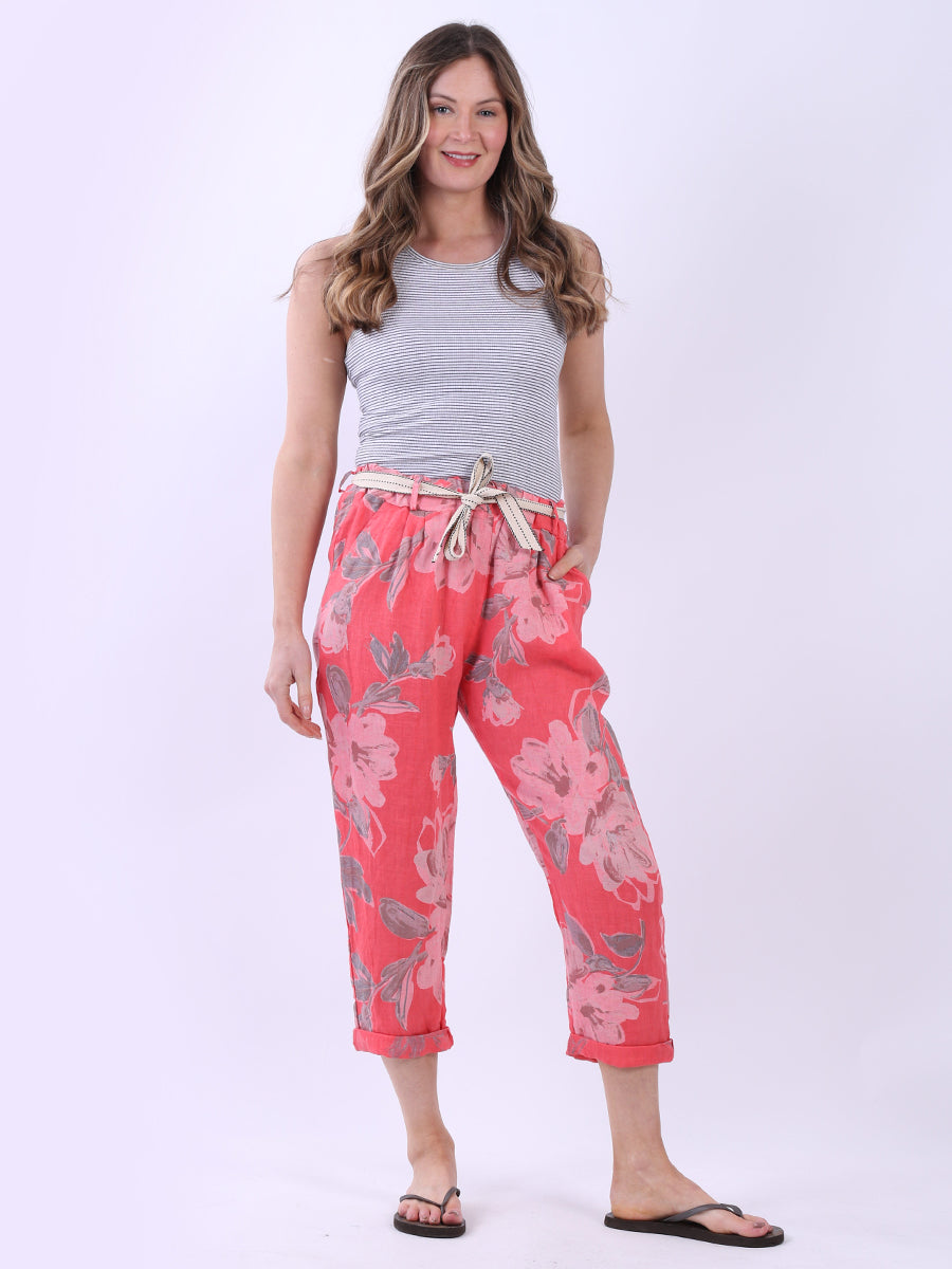 Floral Print Ladies Linen Trouser Coral