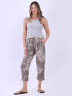 Floral Print Ladies Linen Trouser Mocha