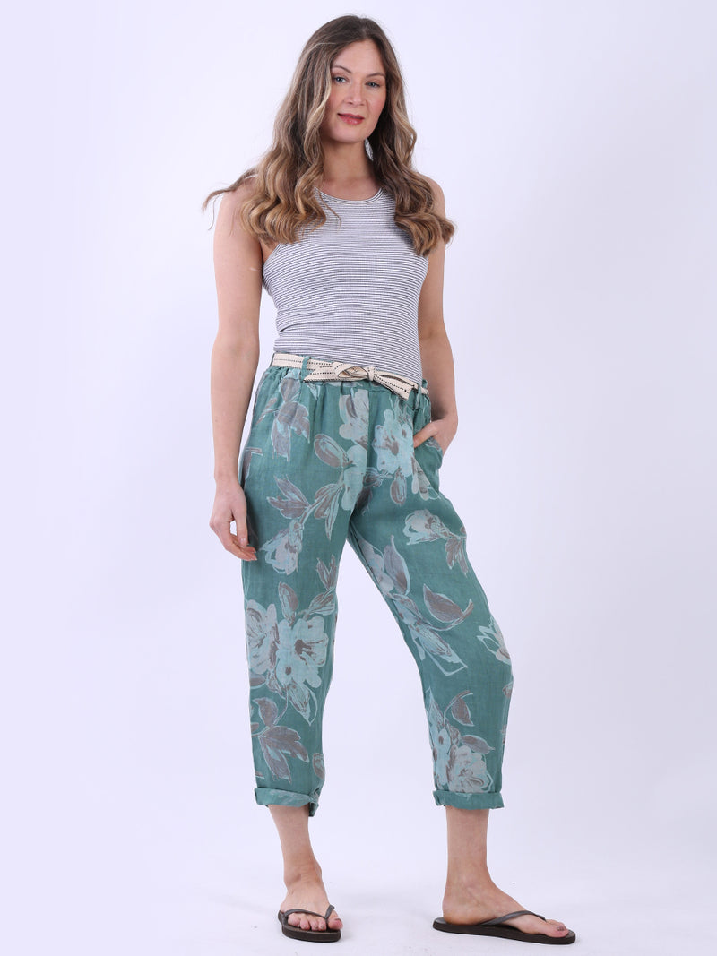 Floral Print Ladies Linen Trouser Ocean Blue