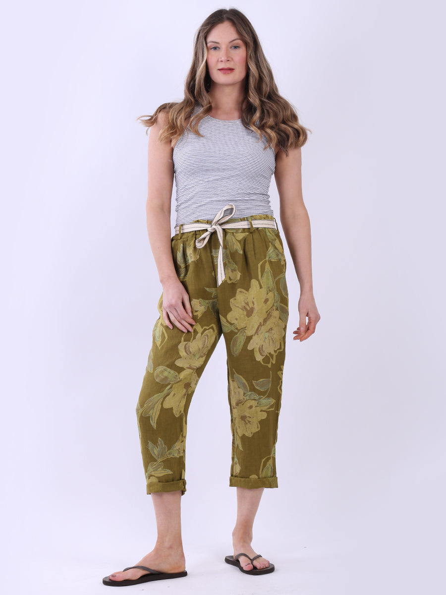Floral Print Ladies Linen Trouser Olive