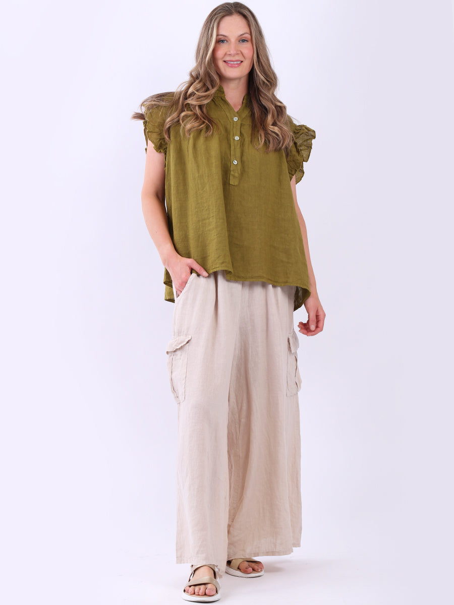 Linen Lagenlook Ruffle Blouse Olive
