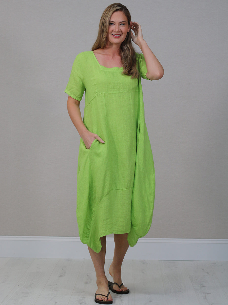 Square Neck Linen Dress Lime Green