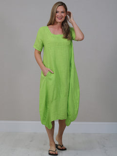 Square Neck Linen Dress Lime Green