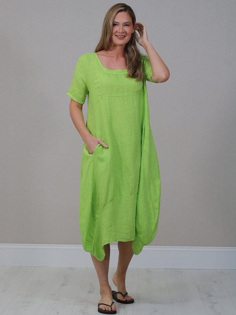 Square Neck Linen Dress Lime Green