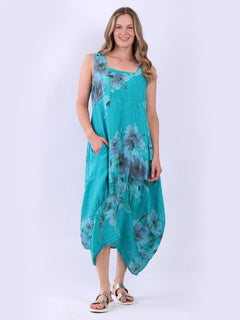 Sleeveless Floral Linen Sundress Teal