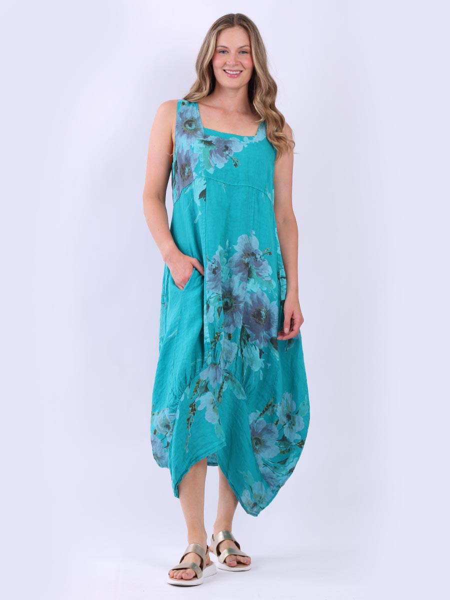 Sleeveless Floral Linen Sundress Teal