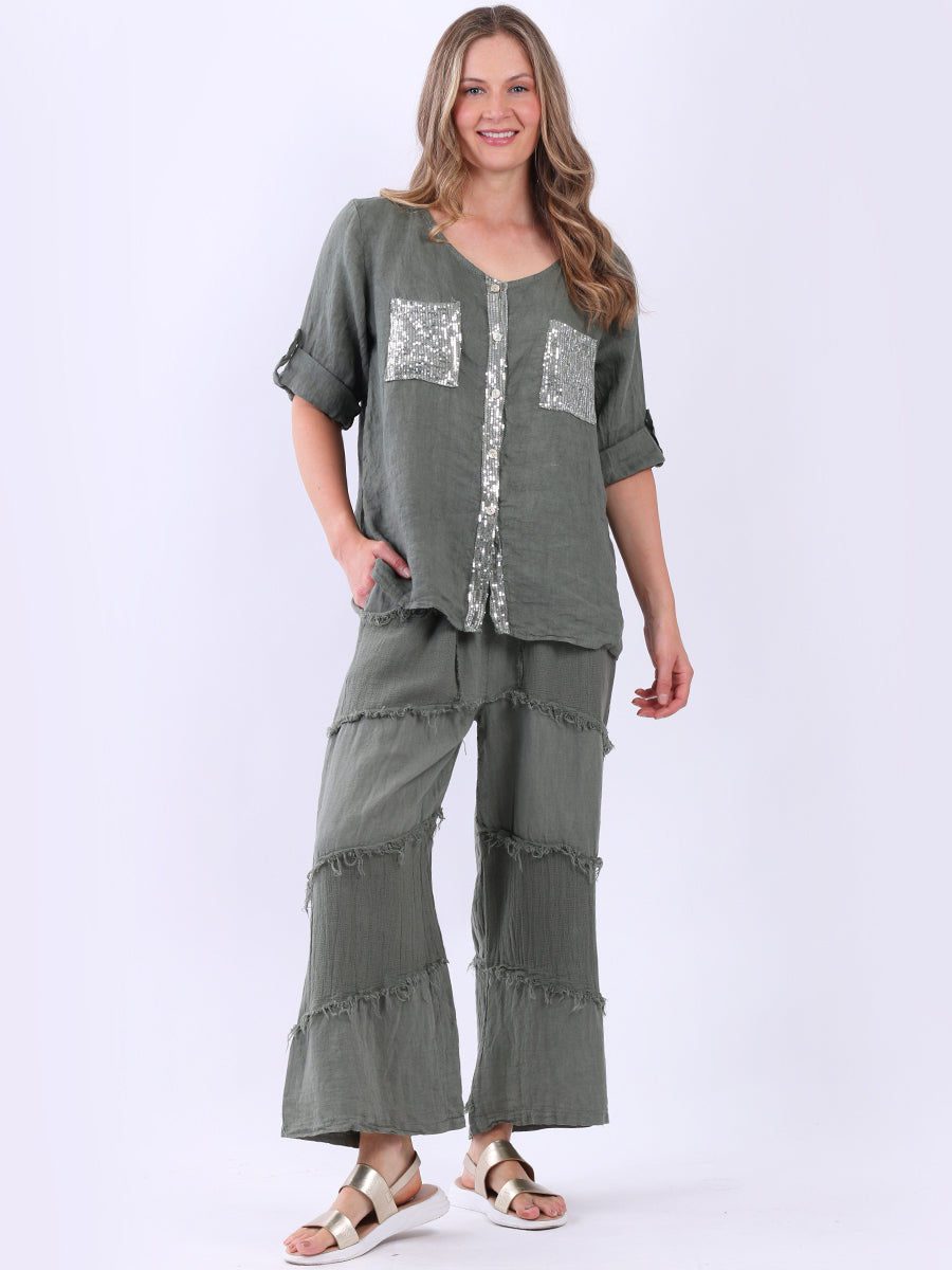 Linen Sequin Top Khaki