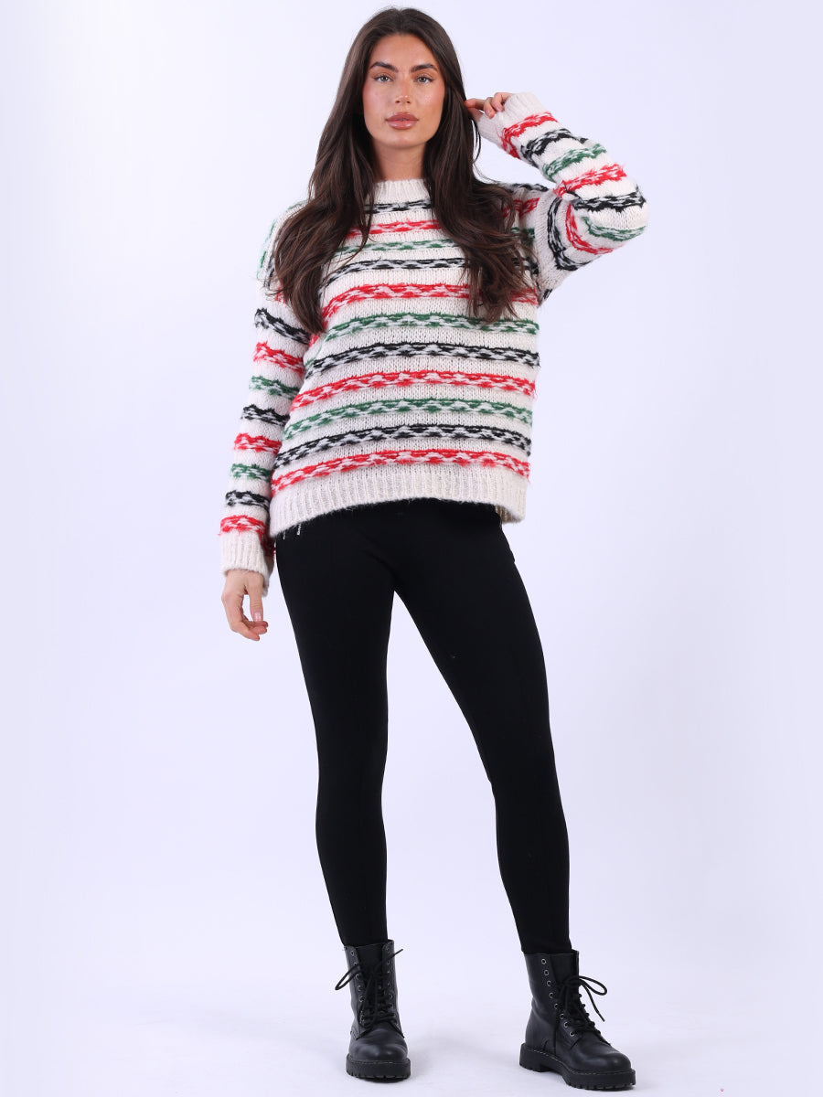 Stripy Wool Knit Xmas Jumper Beige