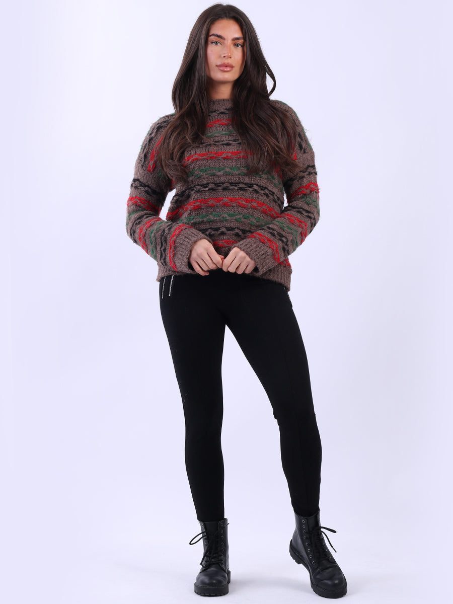 Stripy Wool Knit Xmas Jumper Dark Mocha