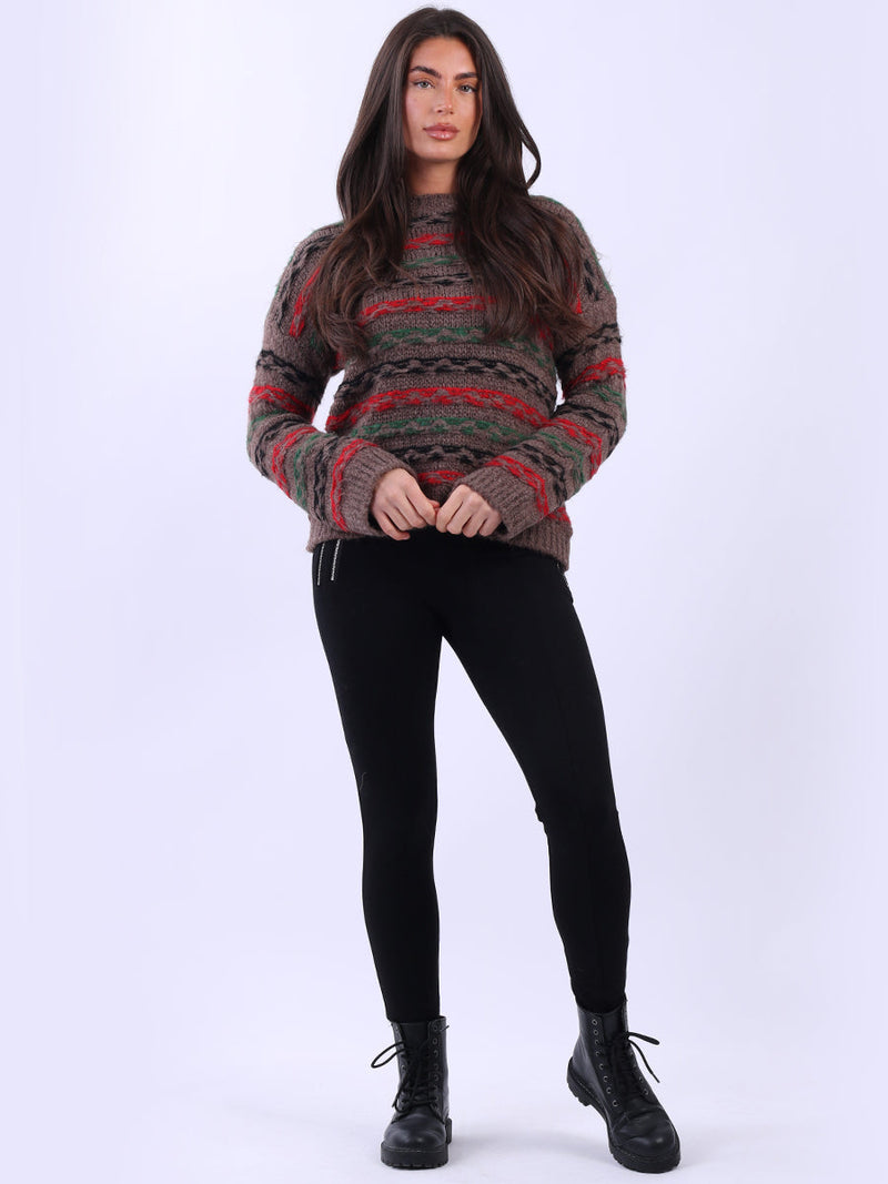 Stripy Wool Knit Xmas Jumper Dark Mocha