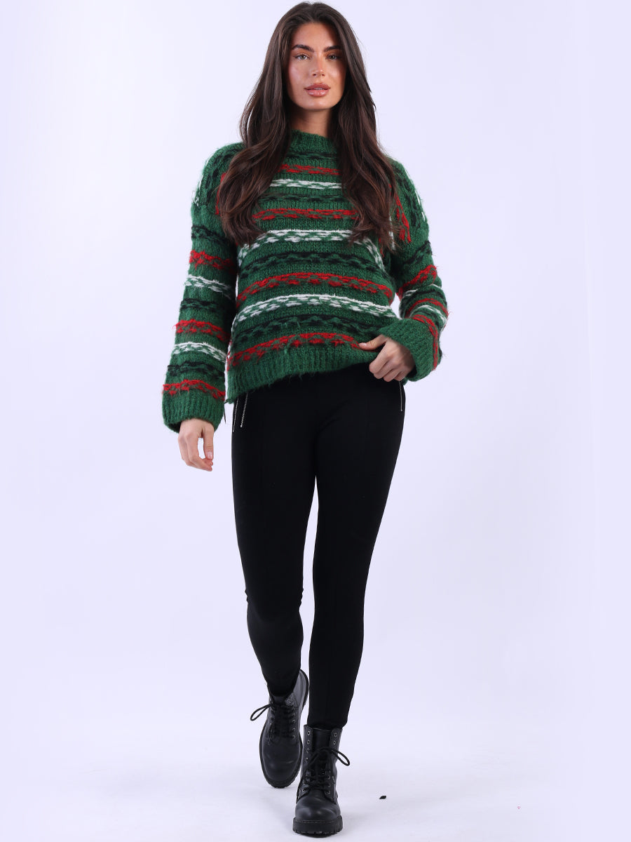 Stripy Wool Knit Xmas Jumper Green