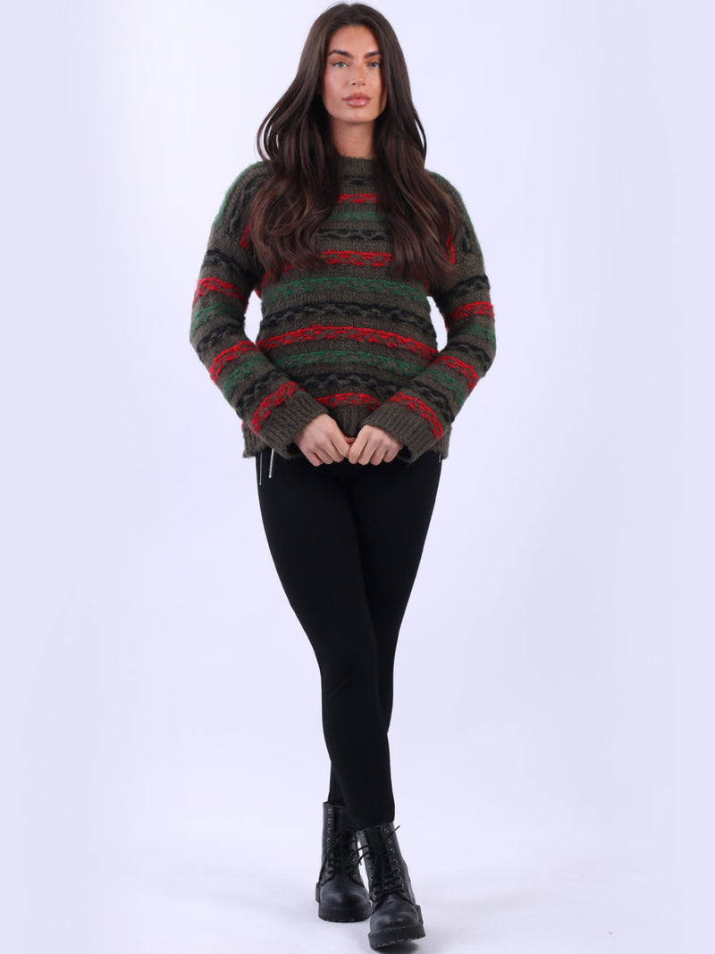 Stripy Wool Knit Xmas Jumper Khaki