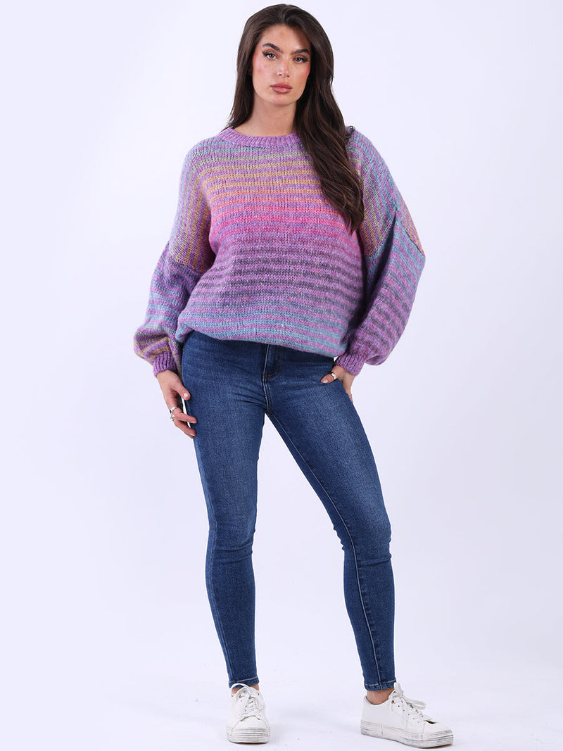 Stripy Woolen Knit Jumper Magenta