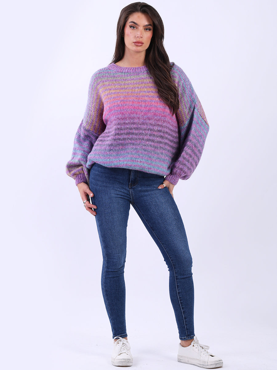 Stripy Woolen Knit Jumper Magenta