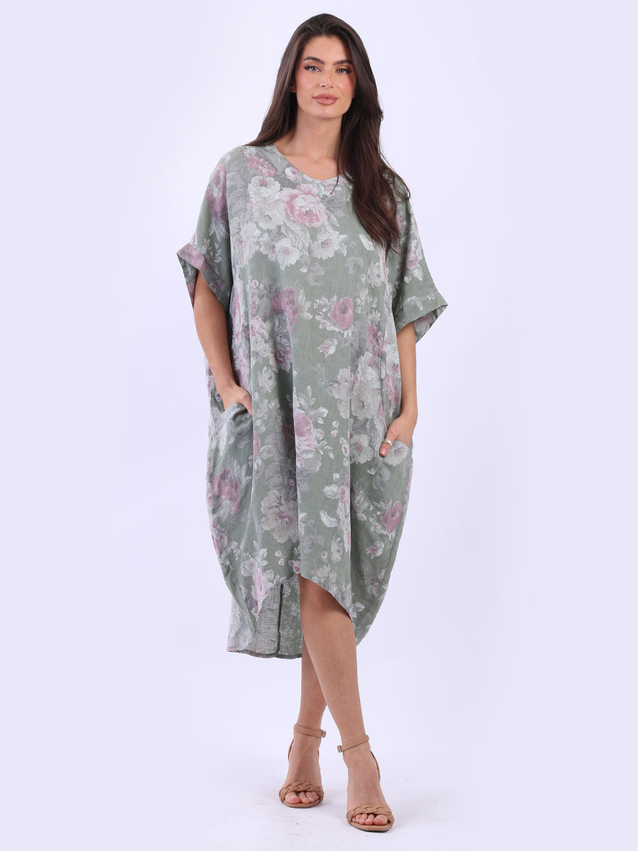 Oversized Floral Linen Dress Khaki