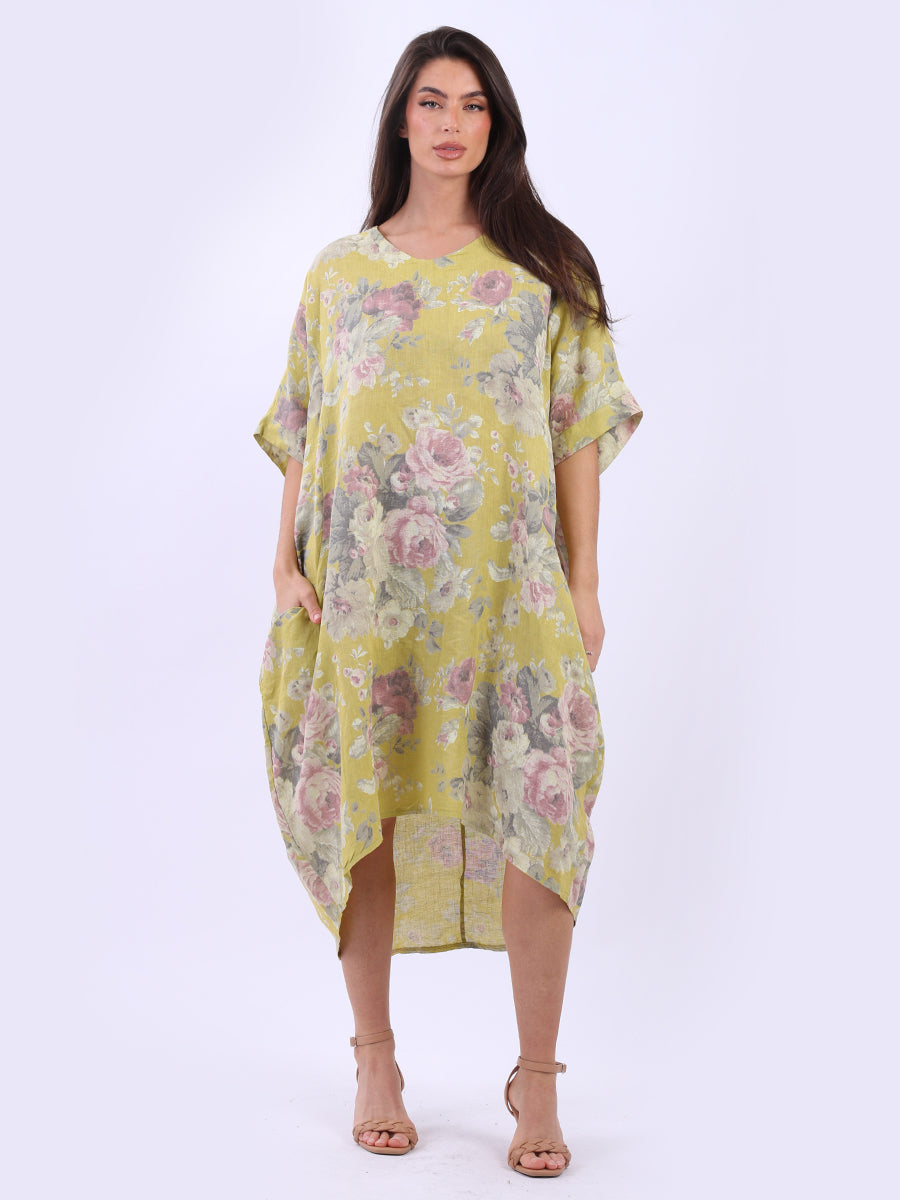 Oversized Floral Linen Dress Lime Green