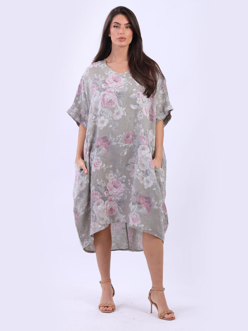 Oversized Floral Linen Dress Mocha