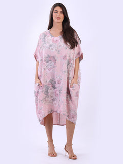 Oversized Floral Linen Dress Pink