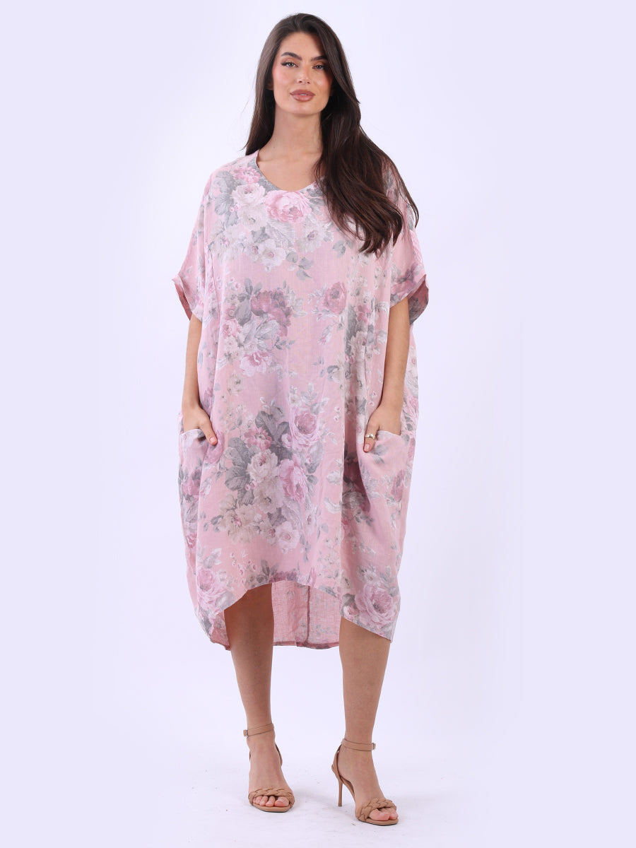 Oversized Floral Linen Dress Pink