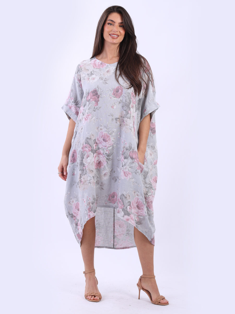 Oversized Floral Linen Dress Silver