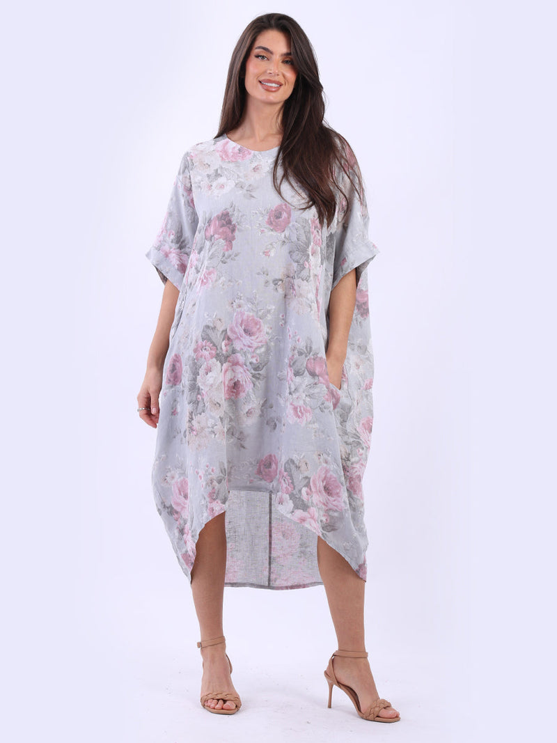 Oversized Floral Linen Dress Silver