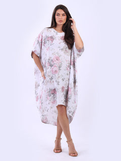 Oversized Floral Linen Dress White