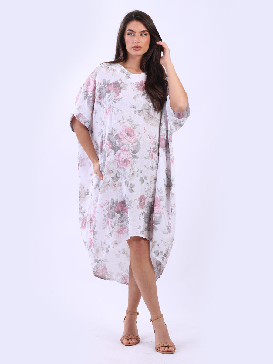 Oversized Floral Linen Dress White